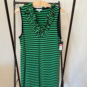 crown & ivy green navy stripe ruffle neck sleeveless dress size xs - NWT
